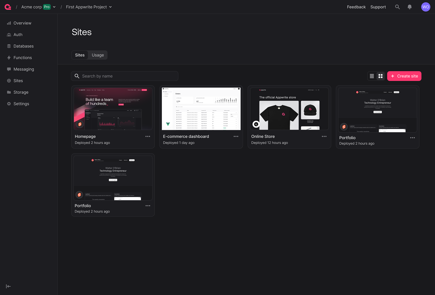Sites on console