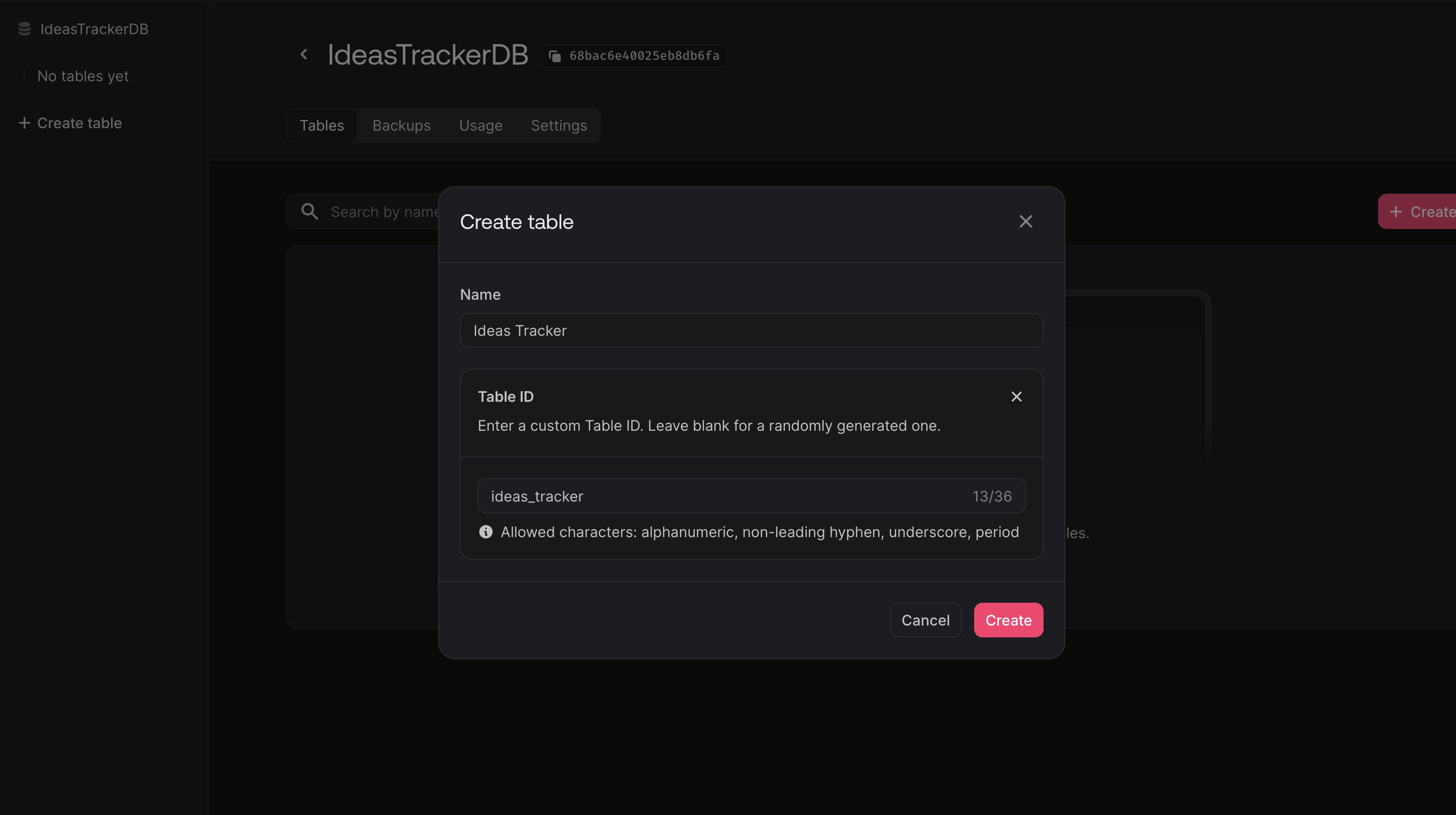 Create table screen
