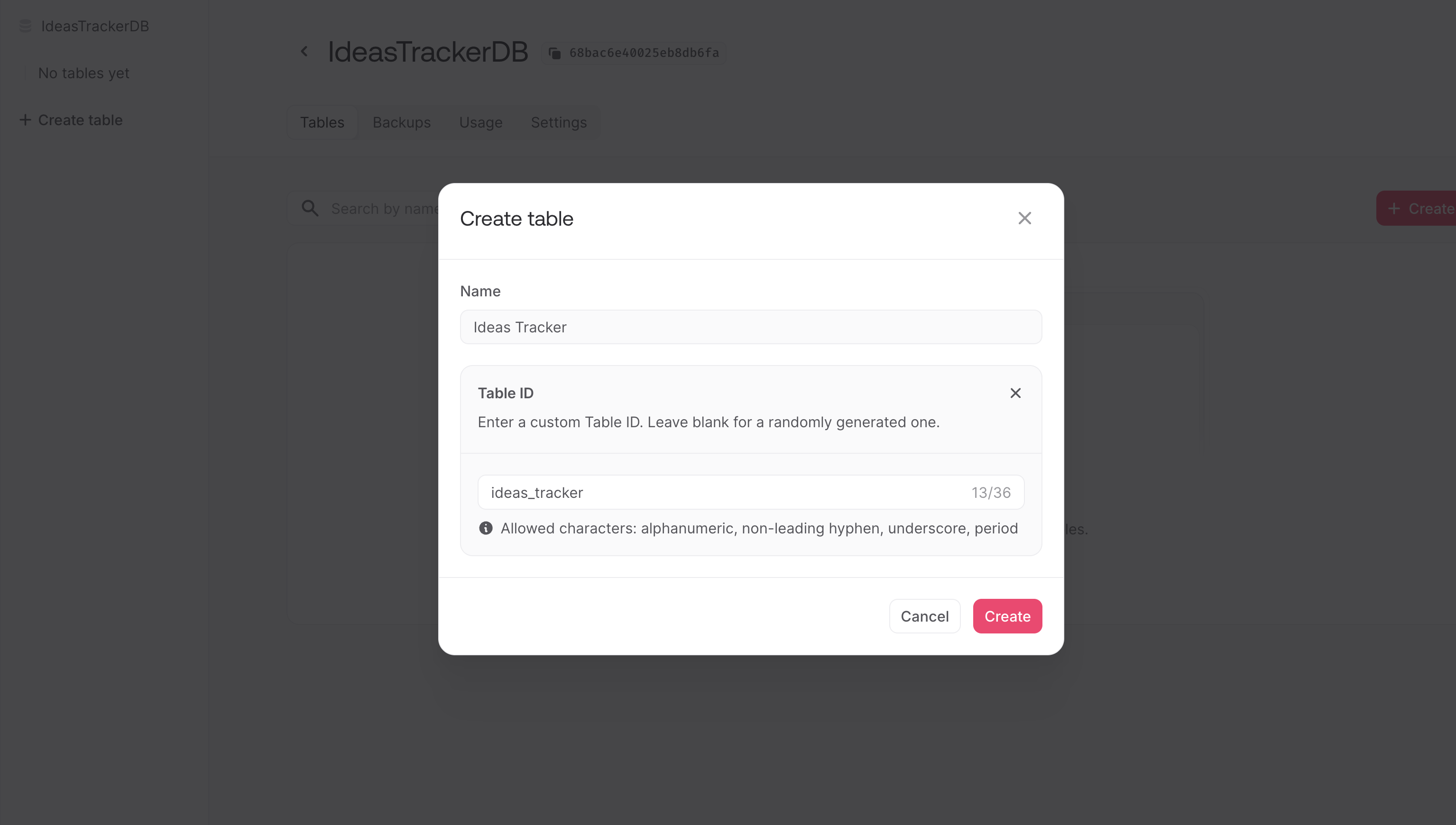 Create table screen