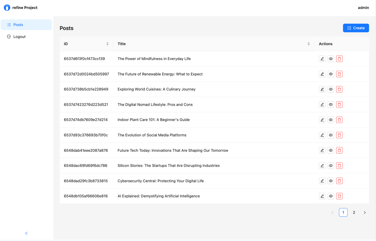 Project list page